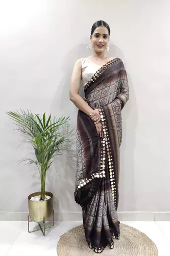 pre-stitched brown faux georgette embroidered saree
