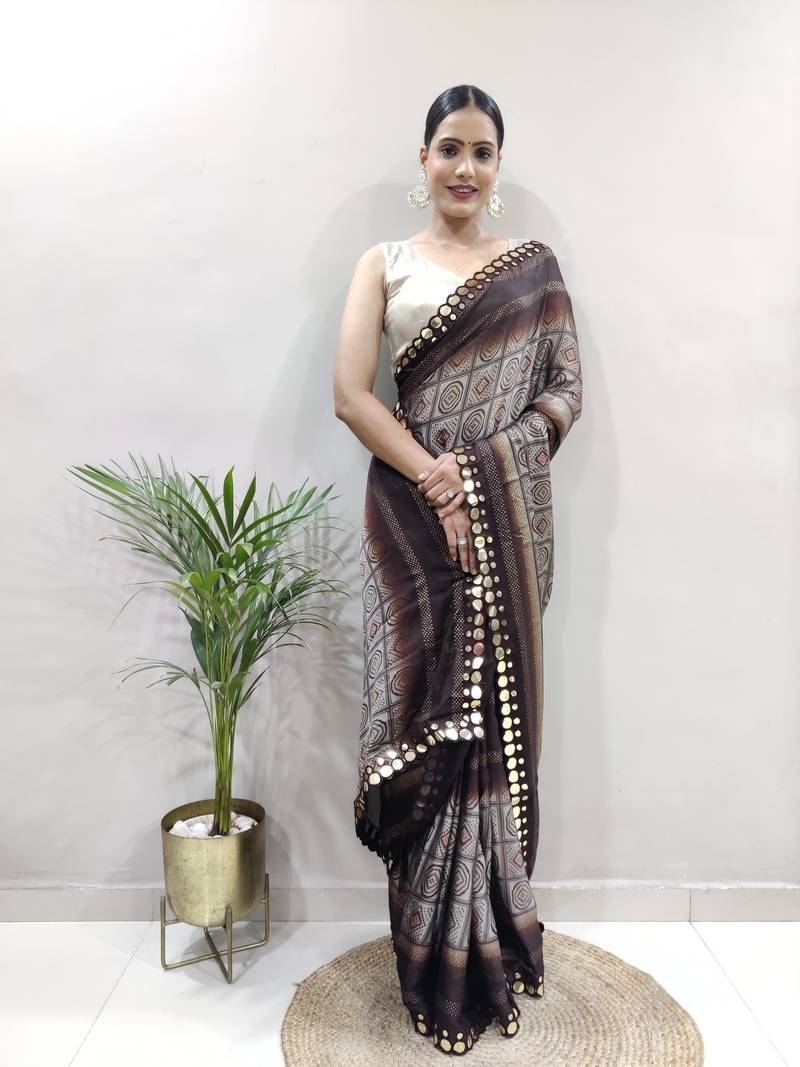 ready to wear brown faux georgette embroidered saree