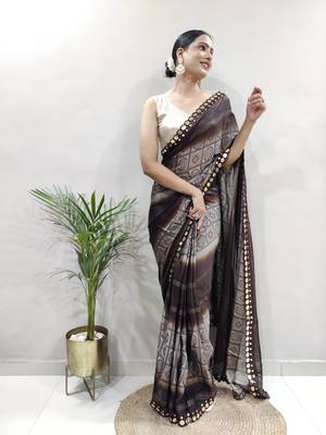 pre-stitched brown faux georgette embroidered saree 6