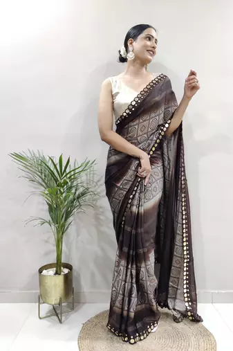 pre-stitched brown faux georgette embroidered saree
