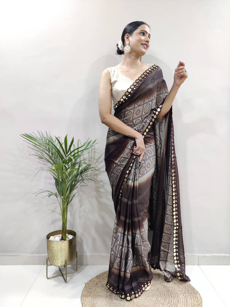 ready to wear brown faux georgette embroidered saree