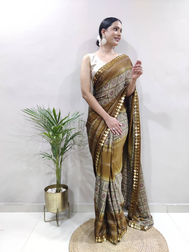 ready to wear light green faux georgette embroidered saree