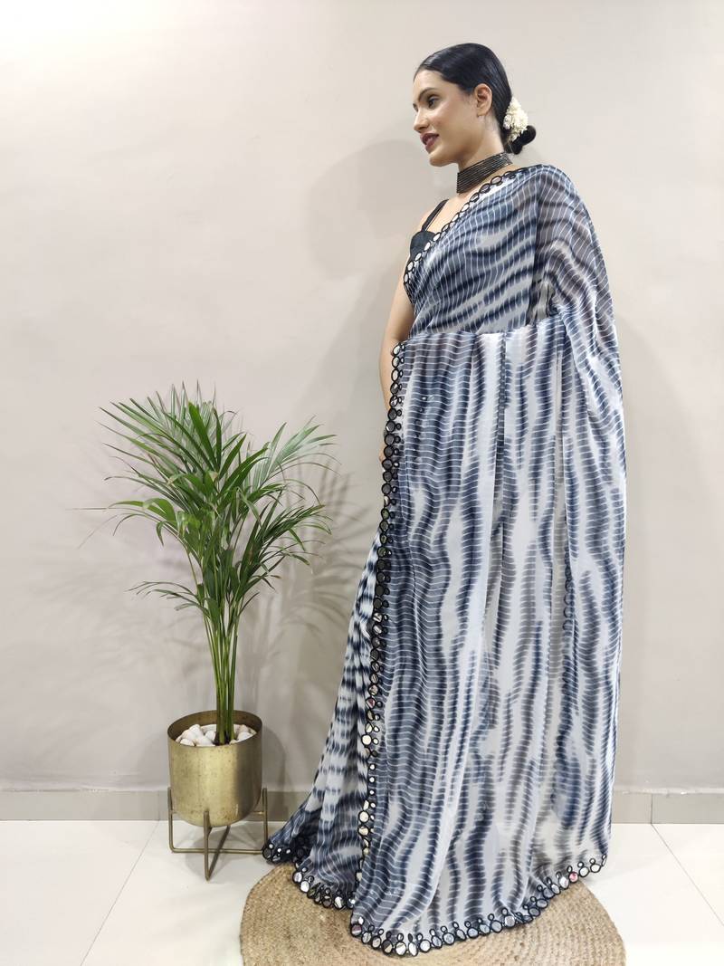 Black faux georgette embroidered pre stitched saree