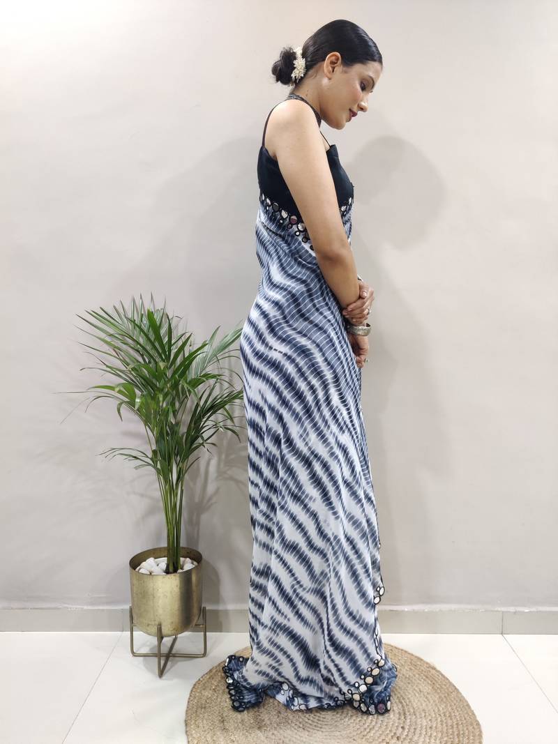 Black faux georgette embroidered pre stitched saree