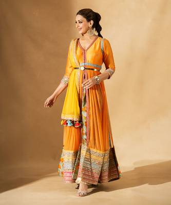 Dilruba Narangi Longline Ruched Jacket & Pants Set 1