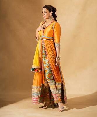 Dilruba Narangi Longline Ruched Jacket & Pants Set 7