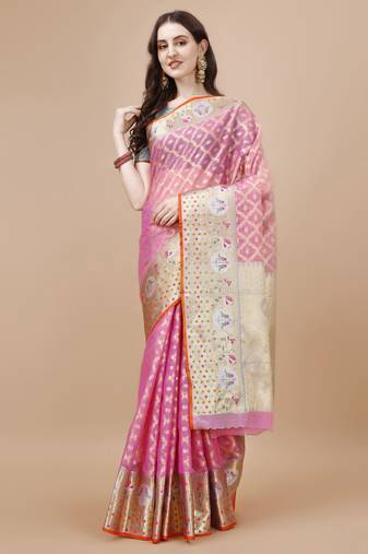 Pink Woven Design Banarasi Zari Work Saree