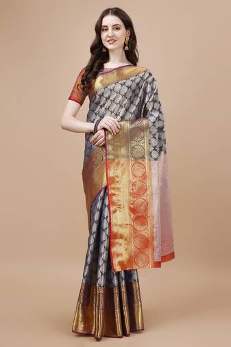 Navy Blue Woven Design Kanjeevaram Zari Work Saree