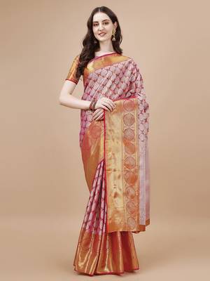 Pink Woven Design Kanjeevaram Zari Work Saree 1