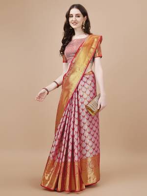 Pink Woven Design Kanjeevaram Zari Work Saree 3