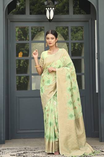 Green Woven Design Linen Zari Work Saree