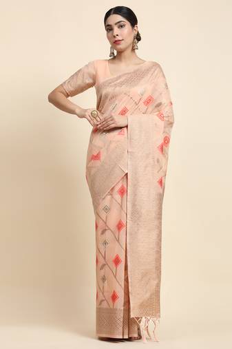 Peach Woven Design Linen Zari Work Saree