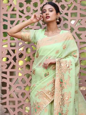 Green Woven Design Linen Zari Work Saree 2