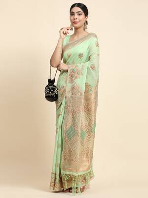 Green Woven Design Linen Zari Work Saree 4