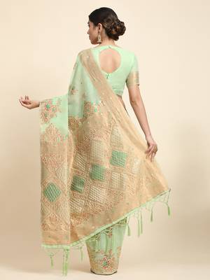 Green Woven Design Linen Zari Work Saree 5