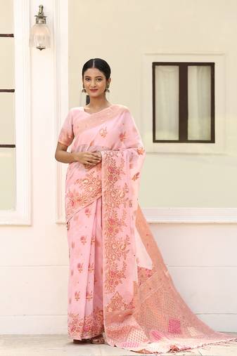 Pink Woven Design Linen Zari Work Saree