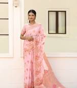 Pink Woven Design Linen Zari Work Saree