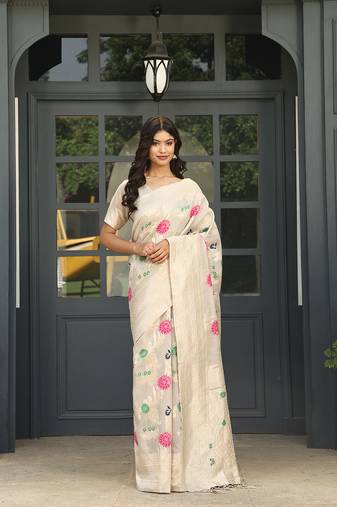 Grey Woven Design Linen Zari Work Saree