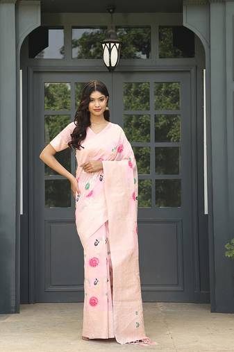 Pink Woven Design Linen Zari Work Saree