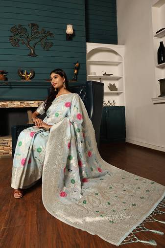 Blue Woven Design Linen Zari Work Saree