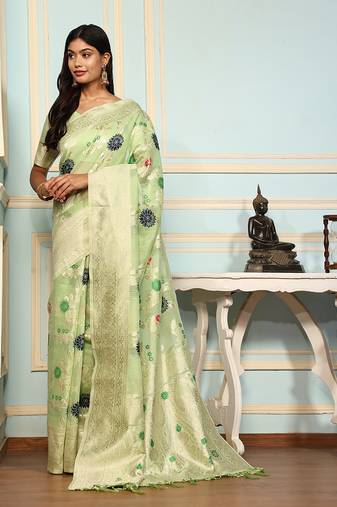 Green Woven Design Linen Zari Work Saree