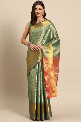 Turquoise Zari Woven Saree With Unstitched Blouse