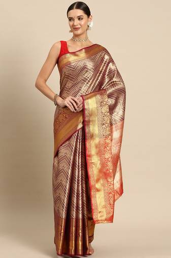 Magenta Zari Woven Saree With Unstitched Blouse