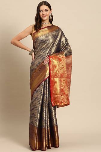 Navy Blue Zari Woven Saree With Unstitched Blouse