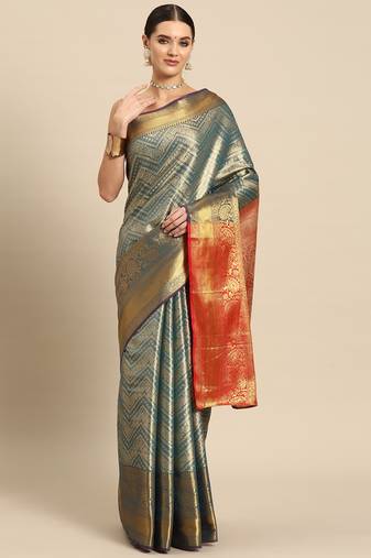 Blue Zari Woven Saree With Unstitched Blouse