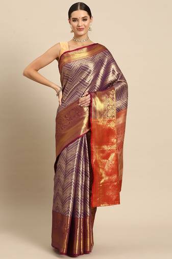 Purple Zari Woven Saree With Unstitched Blouse