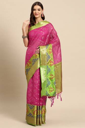 Pink Banarasi silk blend zari Woven Saree With Unstitched Blouse