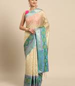 Cream Banarasi silk blend zari Woven Saree With Unstitched Blouse