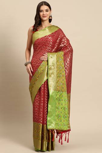 Red Banarasi silk blend zari Woven Saree With Unstitched Blouse