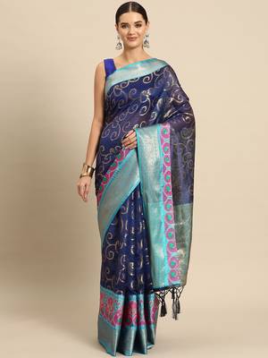 Navy Blue Banarasi silk blend zari Woven Saree With Unstitched Blouse 1