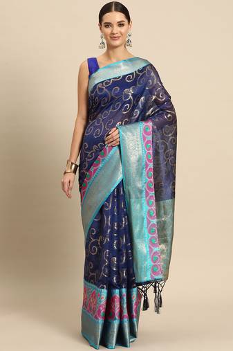 Navy Blue Banarasi silk blend zari Woven Saree With Unstitched Blouse