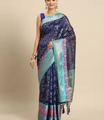Navy Blue Banarasi silk blend zari Woven Saree With Unstitched Blouse