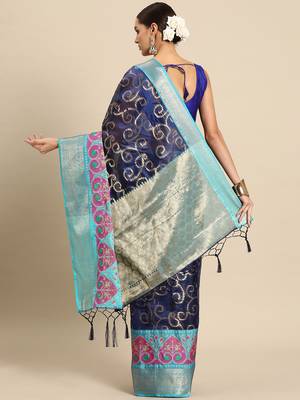 Navy Blue Banarasi silk blend zari Woven Saree With Unstitched Blouse 2