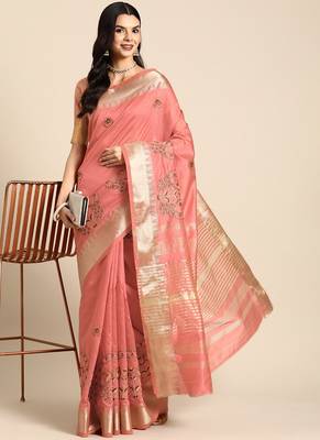 Serona fabrics women's assam cotton silk floral thread  embroidery work saree with blouse 1