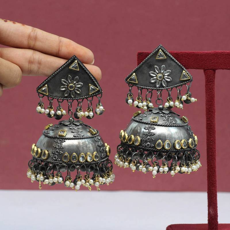 Black silver color oxidised big jhumka earrings Jaipur Mart