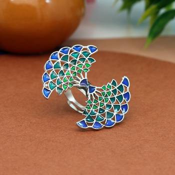 Blue & green color meenakari work oxidised ring 1