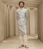 The ivory-hued aari grey jodhpuri jacket