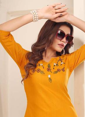 Girlish Yellow Colour Smart Embroidery Work Kurti 1