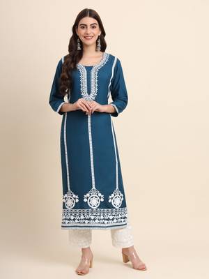 Teal Colour Ethnic Rayon Kurti 1