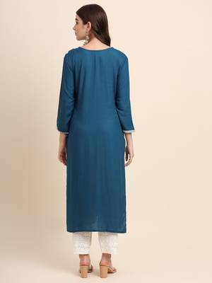 Teal Colour Ethnic Rayon Kurti 2