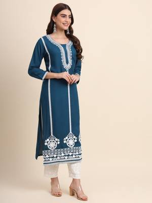 Teal Colour Ethnic Rayon Kurti 4