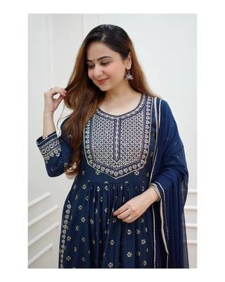 Rayon Printed Nayra cut kurti with pant and dupatta 2