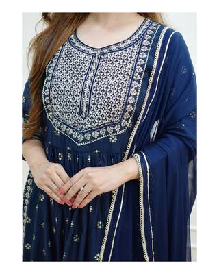 Rayon Printed Nayra cut kurti with pant and dupatta 3