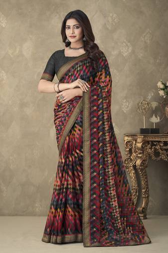 Charcoal designer print chiffon saree attached banarsi border with blouse