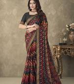 Charcoal designer print chiffon saree attached banarsi border with blouse
