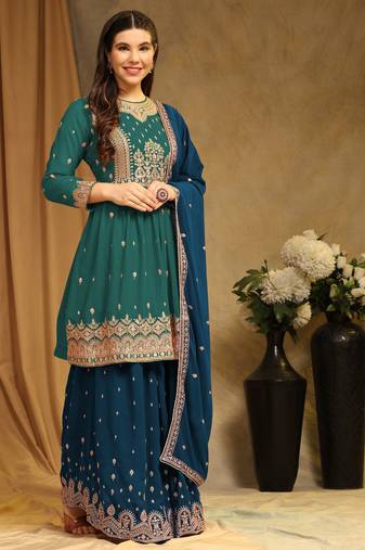 Heavy Zari Work Aqua Blue Colour Partywear Sharara Dress